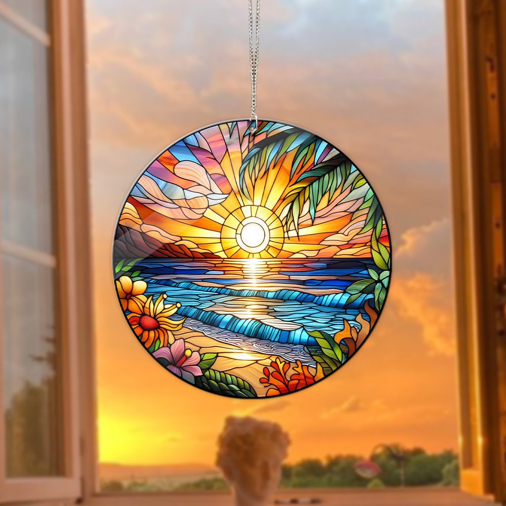 Beach Sunset Acrylic Window Hangings, Faux Stained Glass, Home Decor, Gift For Her, Summer vibes, Beach landscape, not suncatcher