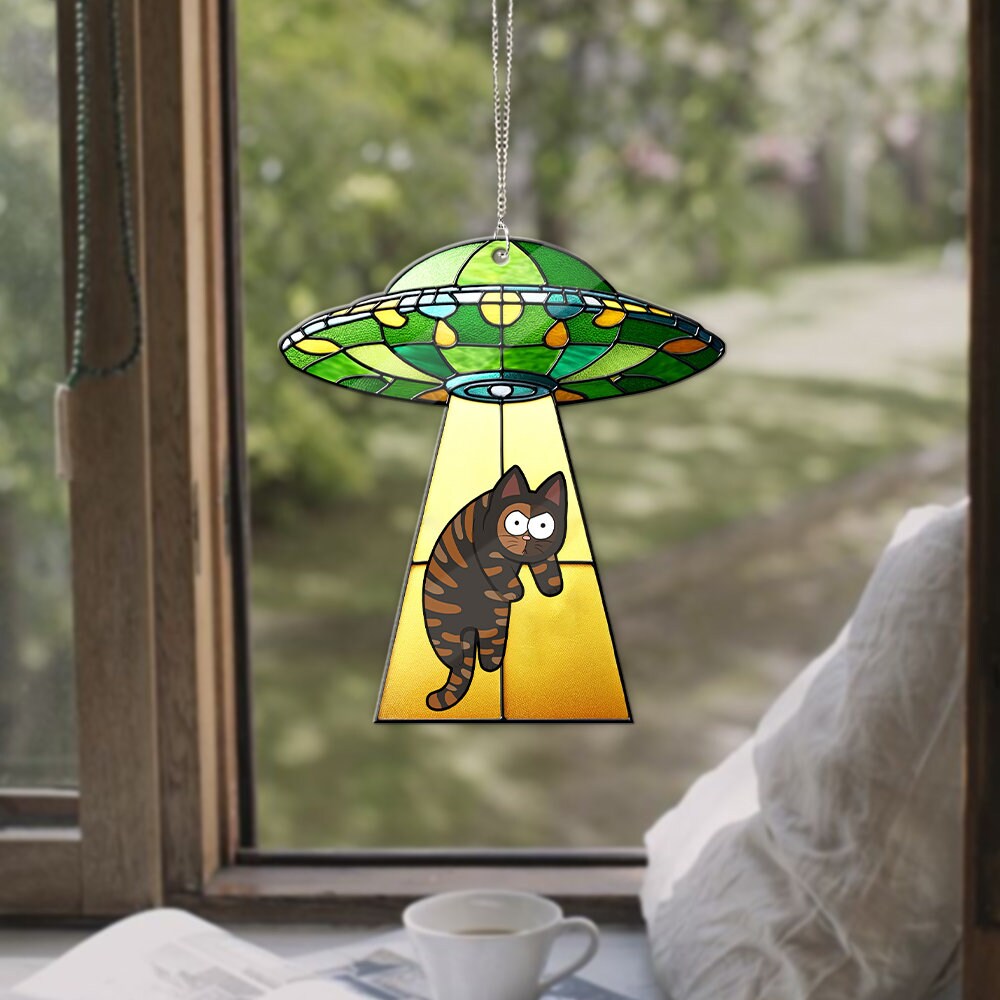 UFO With A Cat ACRYLIC window hanging, silly cat hanging, Home decoration, NOT suncatcher, Gift For Her