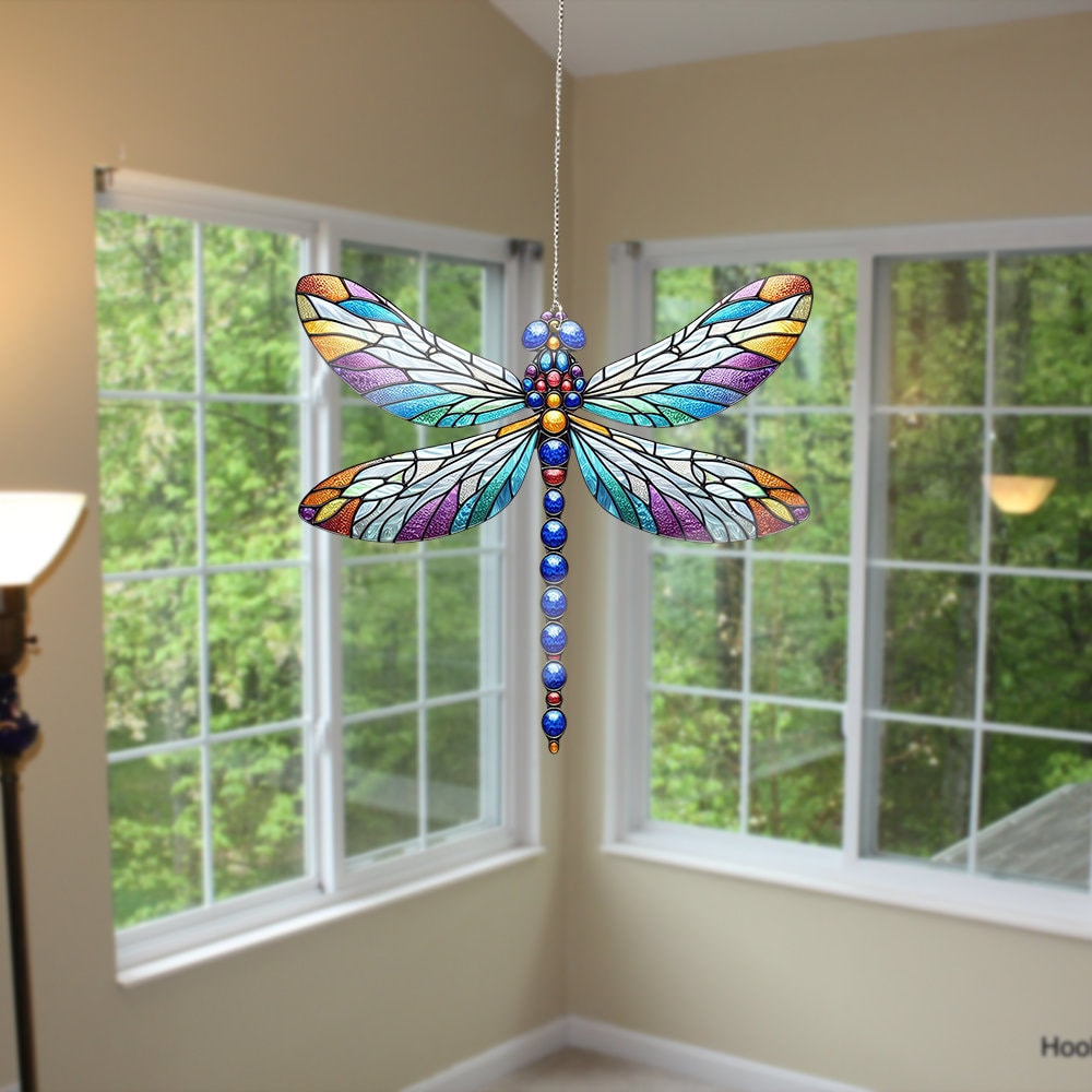 Dragonfly Faux Stained Glass Acrylic Window Hangings, Stained Glass Inspired Art, Gift For Her, Home Decor