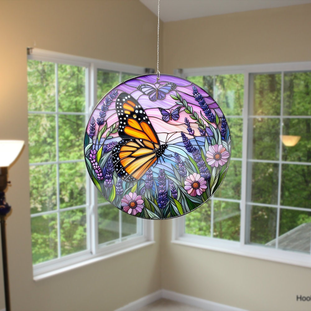 Butterfly In Lavender Garden ACRYLIC Window Hanging, Perfect for Home, Garden, Gift For Her, Monarch butterfly, not suncatcher