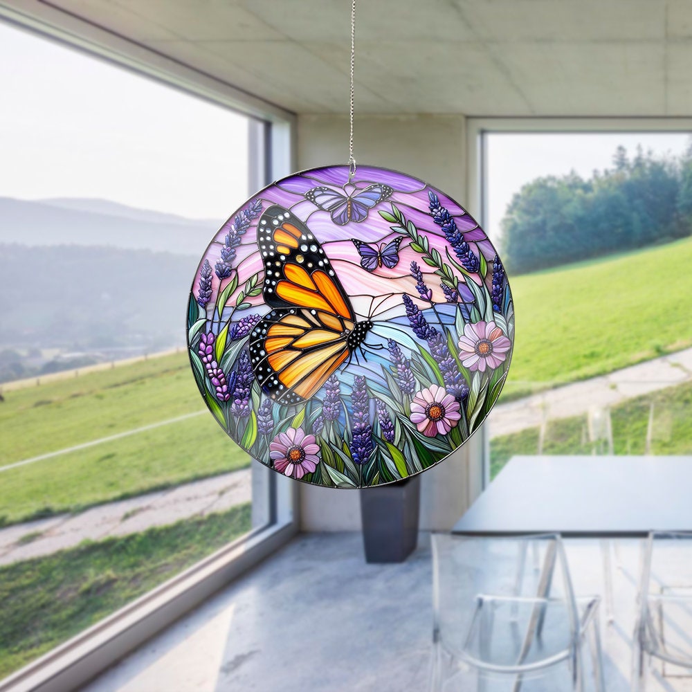 Butterfly In Lavender Garden ACRYLIC Window Hanging, Perfect for Home, Garden, Gift For Her, Monarch butterfly, not suncatcher