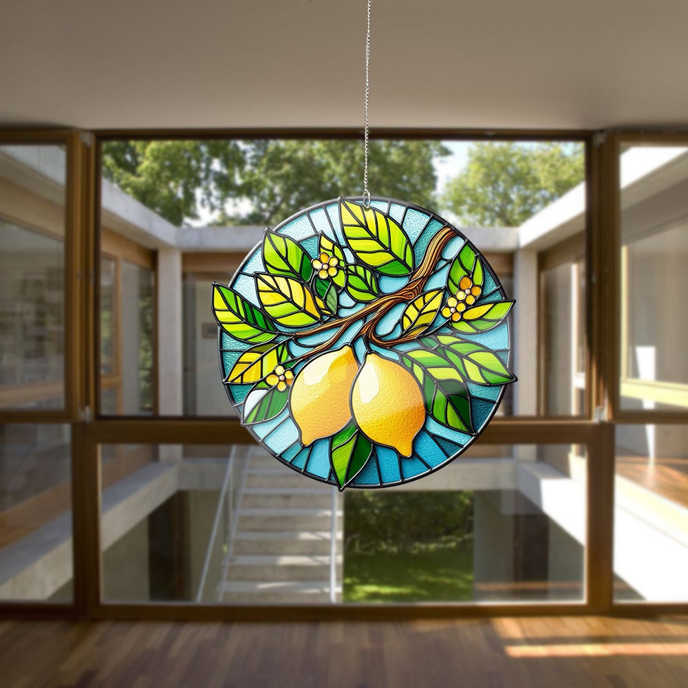 Lemon Branch ACRYLIC window hanging, Lemon Branch Faux Stained Glass, lemon Acrylic Window Hangings, Home Decor, NOT suncatcher