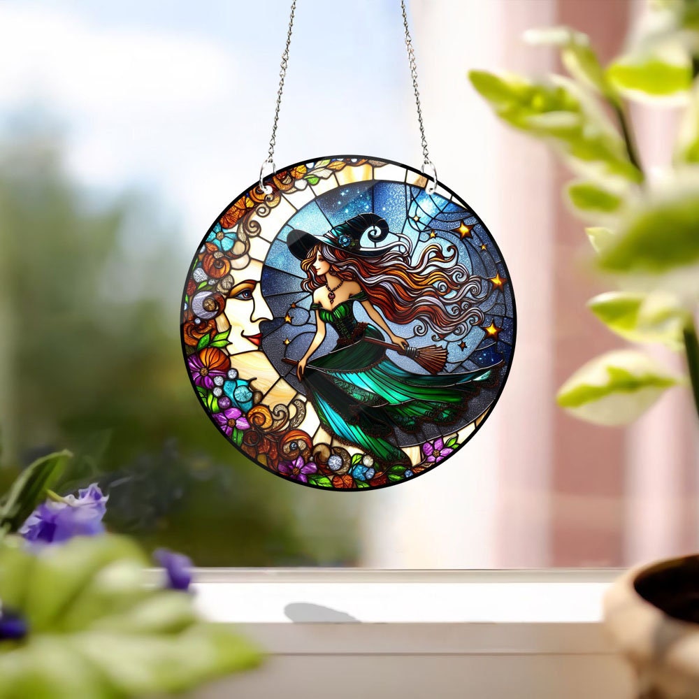 Witch And Moon Acrylic Window Hangings, Halloween decor, Witch lovers, NOTsuncatcher, Gift For Her, Home Decor
