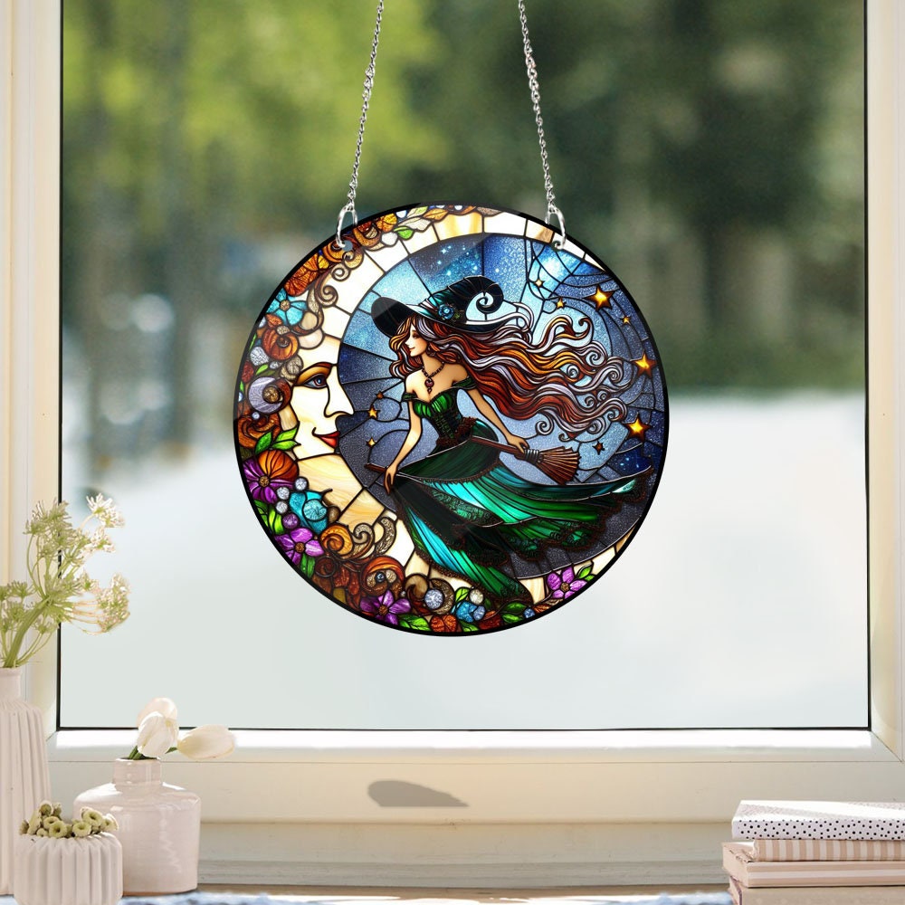 Witch And Moon Acrylic Window Hangings, Halloween decor, Witch lovers, NOTsuncatcher, Gift For Her, Home Decor