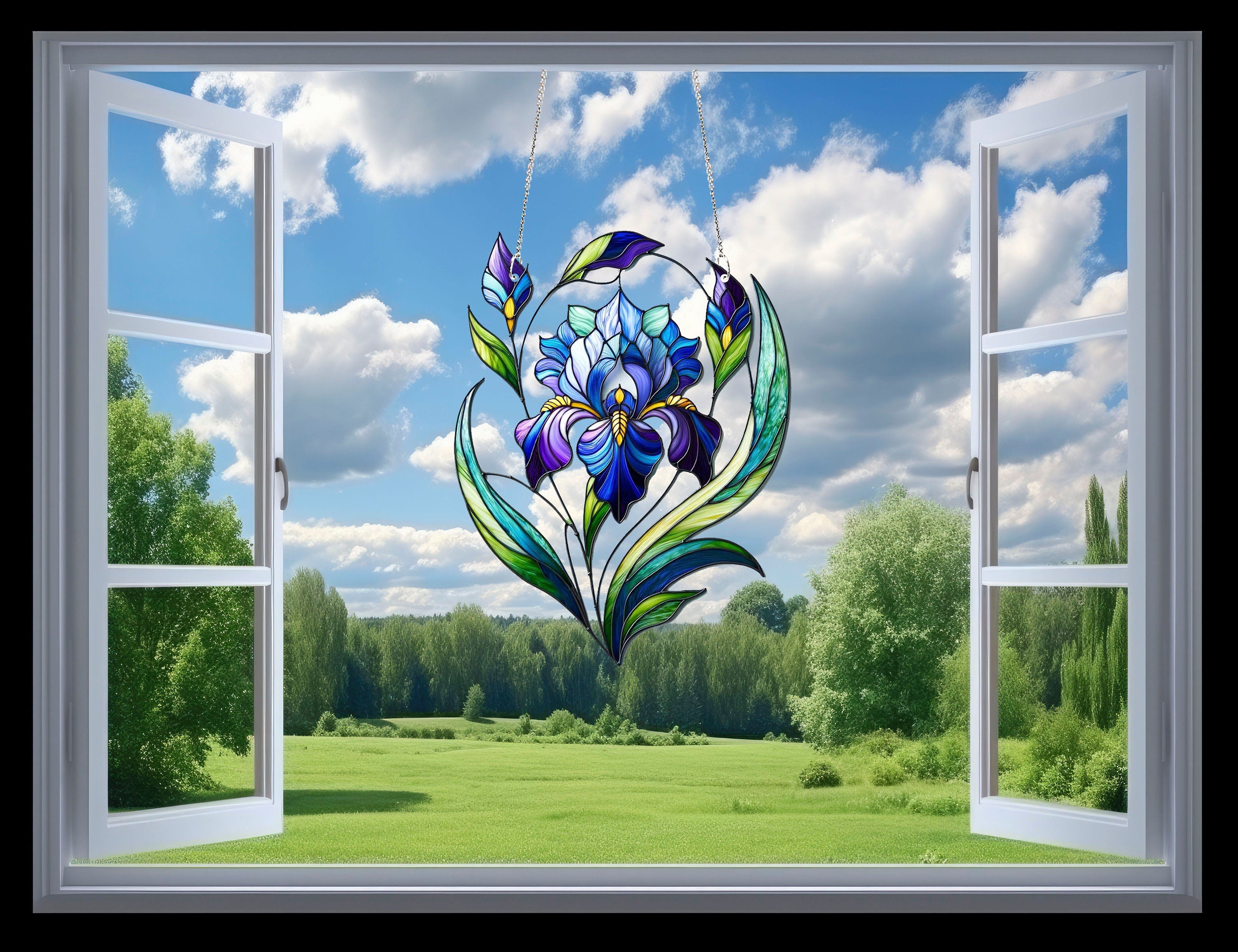 Purple Iris Flower Faux Stain Glass, Mother's Day Gift, Gift For Mom, Flower Lover Gift, Home Decor, Yard Decor, Purple Iris Window Hanging