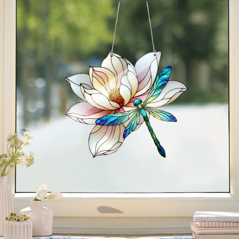 Dragonfly Acrylic Window Hanging, Lotus and Dragonfly Art, Kitchen decor, Mother's day gift , unique idea gift, Not Suncatcher