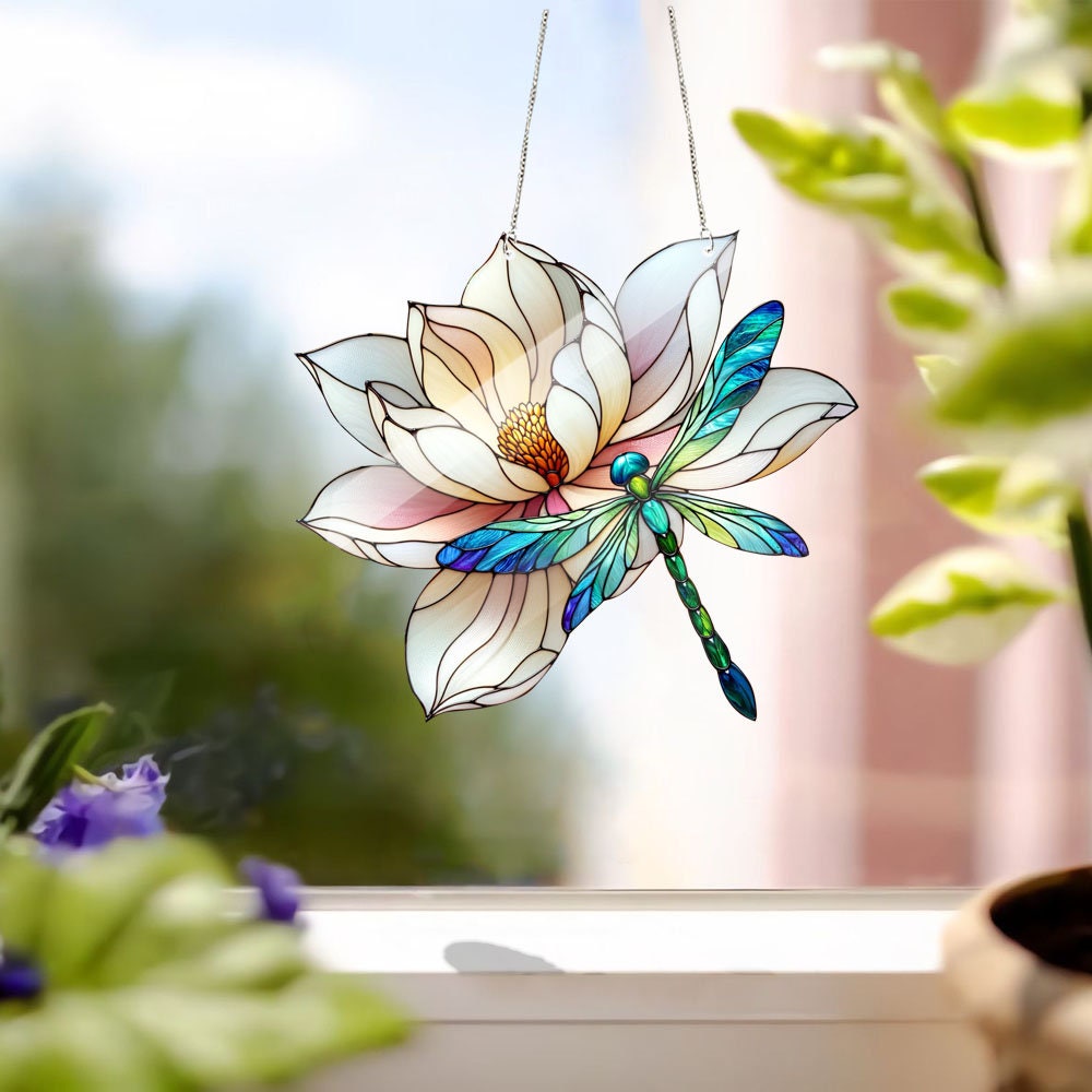 Dragonfly Acrylic Window Hanging, Lotus and Dragonfly Art, Kitchen decor, Mother's day gift , unique idea gift, Not Suncatcher