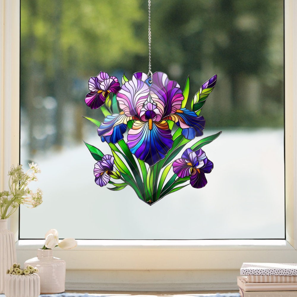 Iris Flower Stained Glass Inspired Art, Iris Flower Acrylic Window Hangings, Gift For Her, Home Decor, Kitchen decor, Not Suncatcher