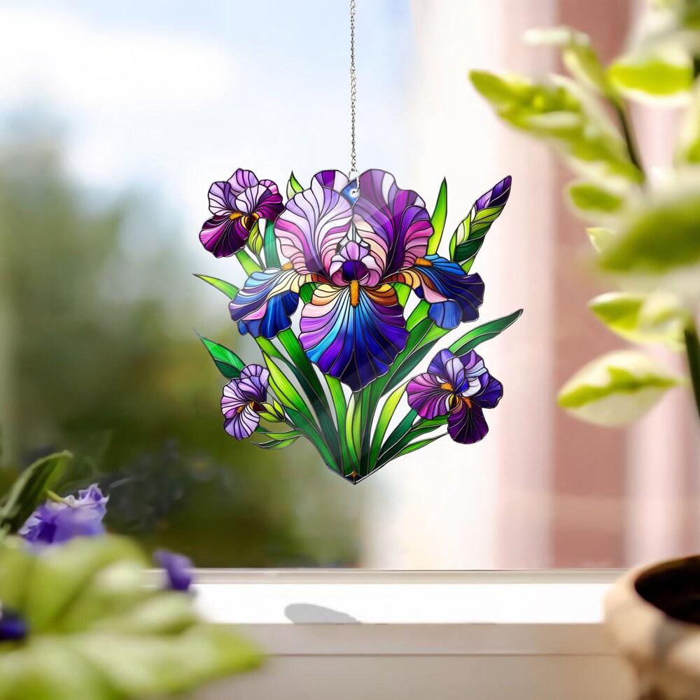Iris Flower Stained Glass Inspired Art, Iris Flower Acrylic Window Hangings, Gift For Her, Home Decor, Kitchen decor, Not Suncatcher