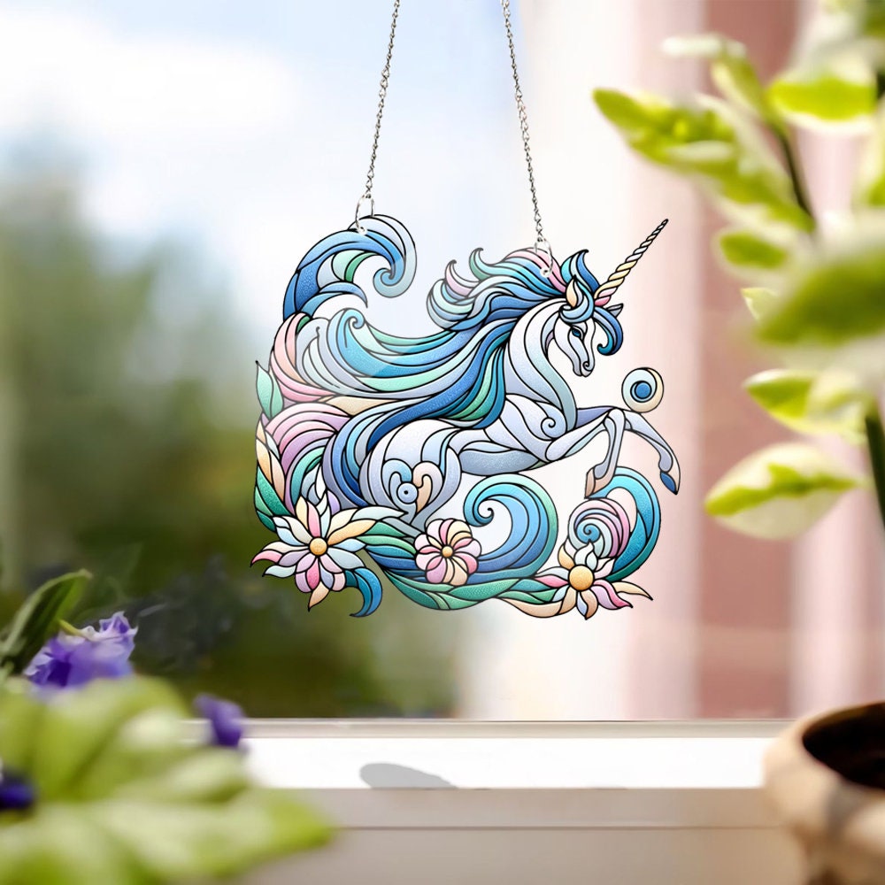 Floral Unicorn Acrylic Window Hangings, Unicorn Stained Glass Inspired Art, Faux Stained Glass, Gift for kids, unicorn lover, Not suncatcher