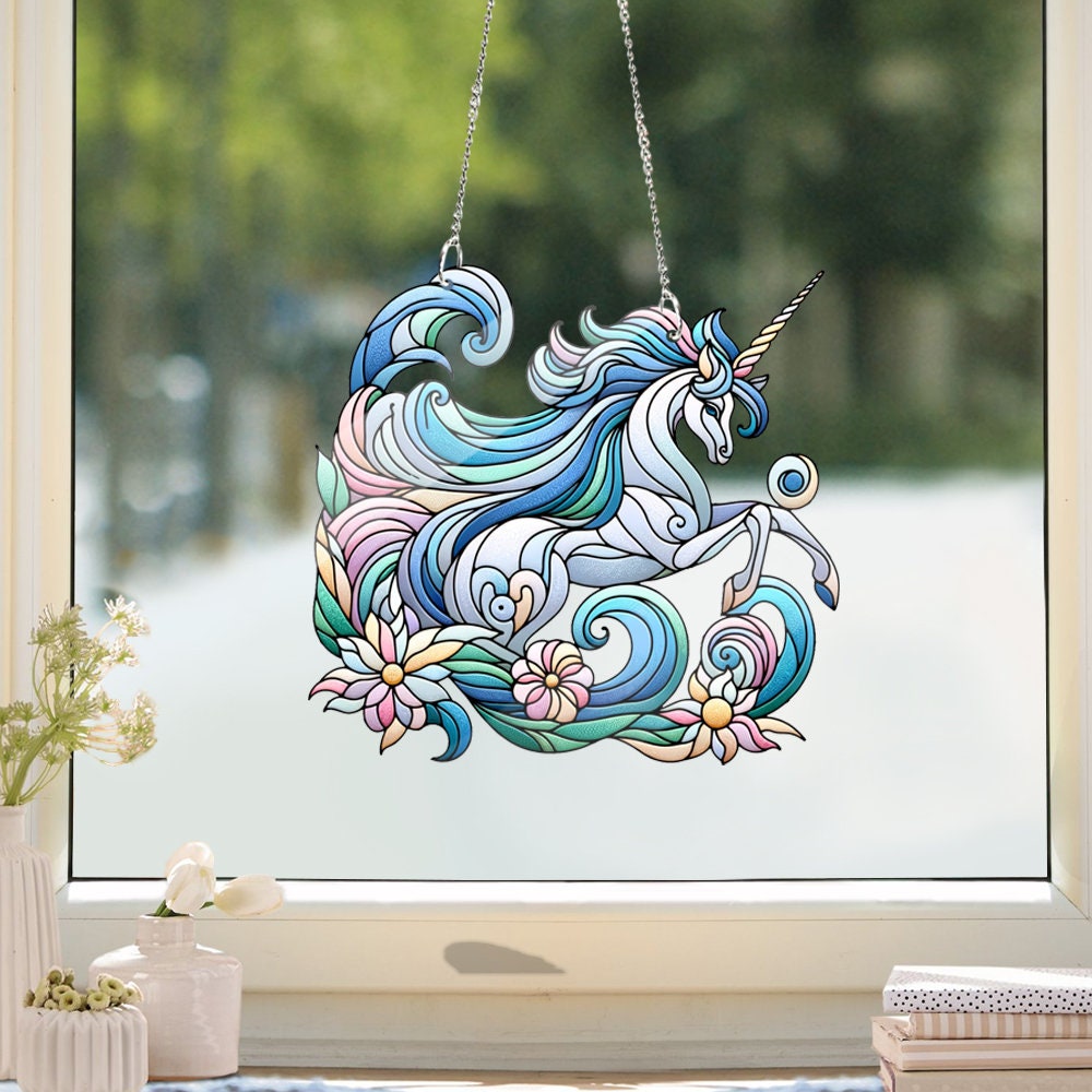 Floral Unicorn Acrylic Window Hangings, Unicorn Stained Glass Inspired Art, Faux Stained Glass, Gift for kids, unicorn lover, Not suncatcher