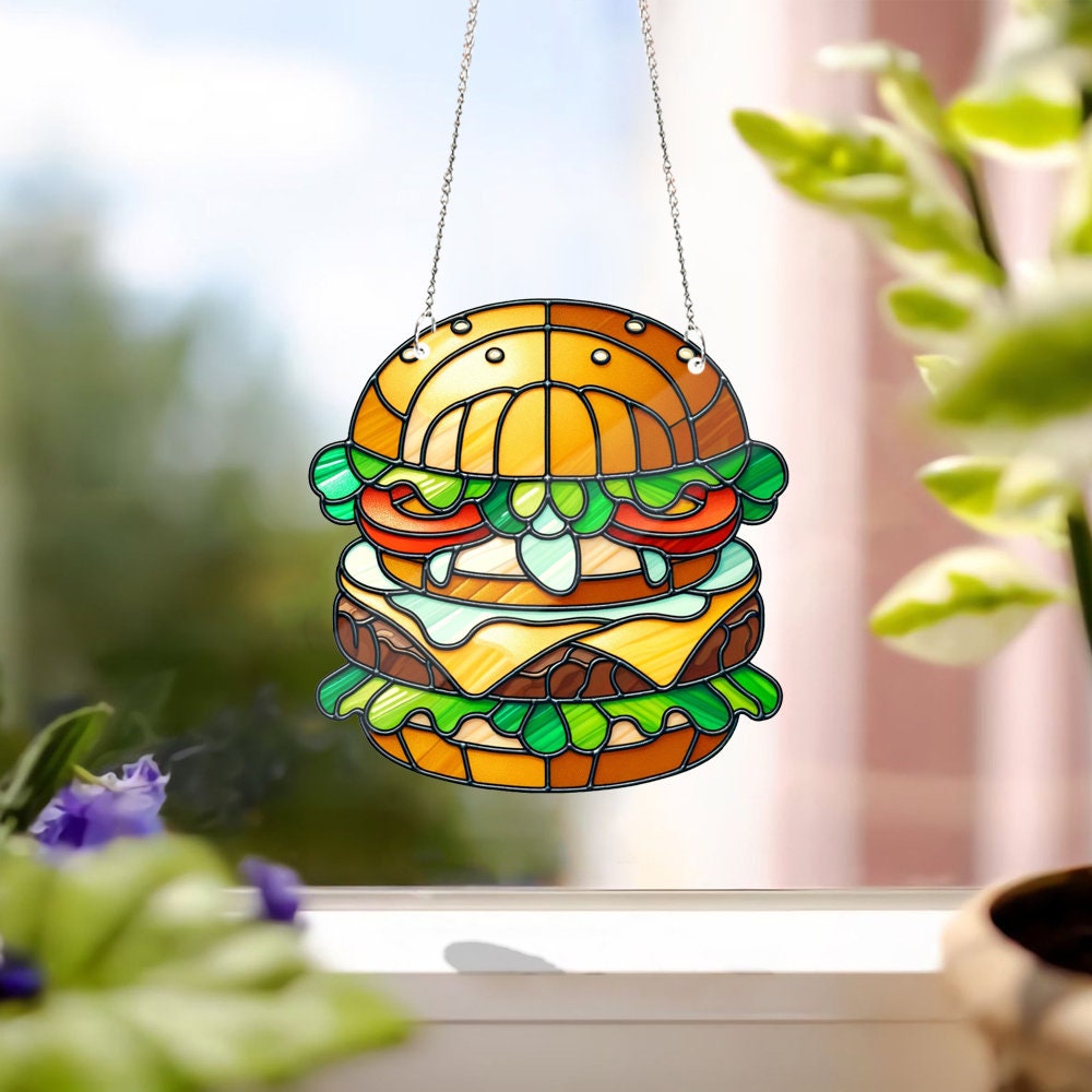 ACRYLIC Funny Hamburger Window Hanging, Funny Home Decor, Food Kitchen Decor, Gift For Food Lover, Hamburger Gift,Food Decor,Hamburger Lover