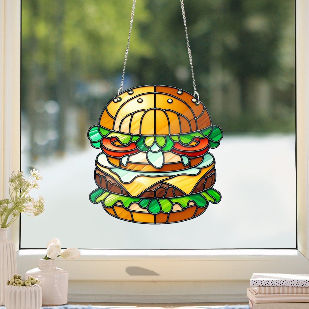 ACRYLIC Funny Hamburger Window Hanging, Funny Home Decor, Food Kitchen Decor, Gift For Food Lover, Hamburger Gift,Food Decor,Hamburger Lover