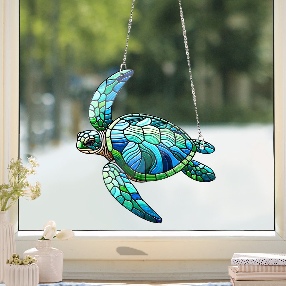 Special gift set - Sea Turtle ACRYLIC window hanging, Turtle Window Hangings, turtle lovers gift,, Faux Stained Glass