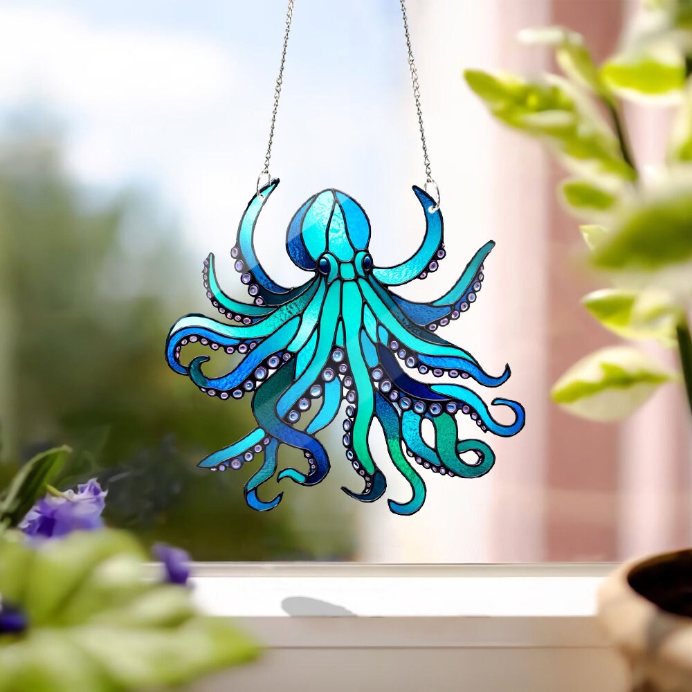 Blue Octopus ACRYLIC window hanging, Octopus Window Hangings, Sea Octopus gift, Mother's day gift, Faux Stained Glass, not suncatcher