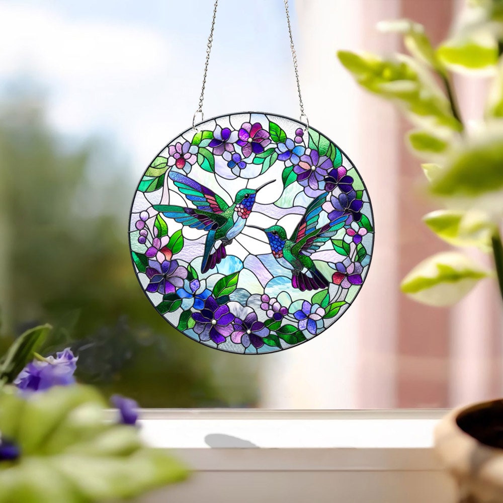 Hummingbirds Among Flowers ACRYLIC  Window hanging, Wall Art, Not Suncatcher, Indoor Decor, Humingbird lovers gift, bird lovers