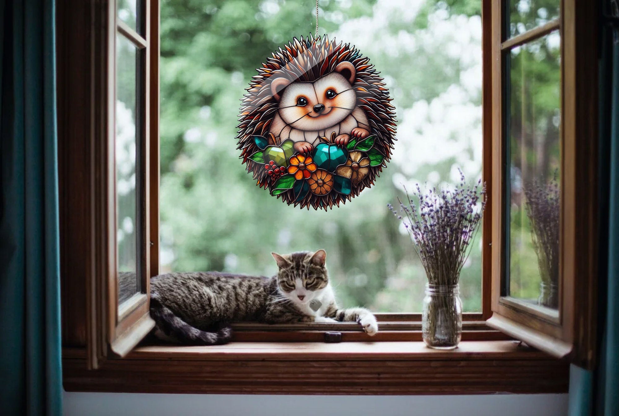 Hedgehog Faux Stained Glass, Hedgehog Acrylic Window Hangings, Stained Glass Inspired Art, Home Decor