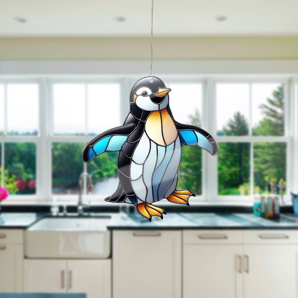 Penguin Acrylic Window Hangings, Penguin Stained Glass Inspired Art, Faux Stained Glass, Gift For Her, Home Decor, NOT suncatcher