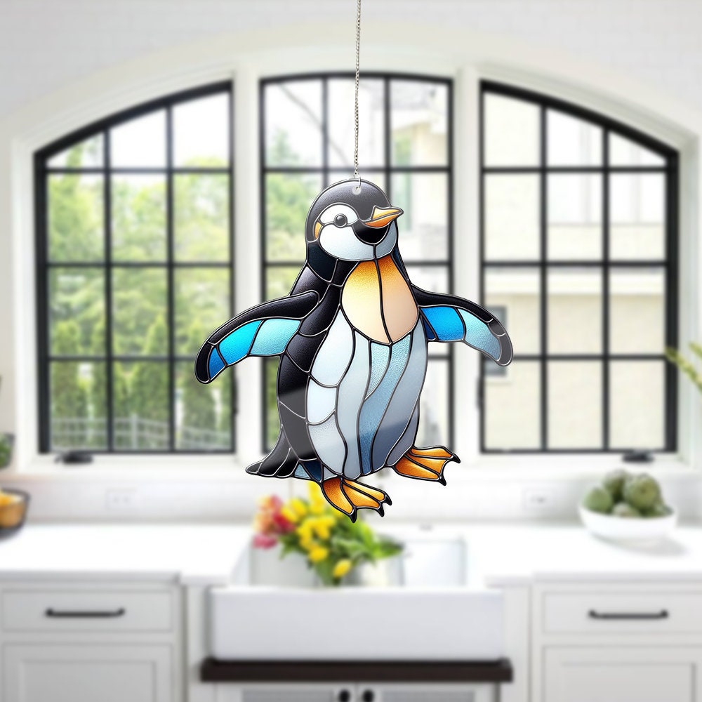 Penguin Acrylic Window Hangings, Penguin Stained Glass Inspired Art, Faux Stained Glass, Gift For Her, Home Decor, NOT suncatcher