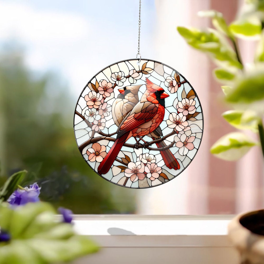 Cardinal Loverbirds FAUX Stained Glass, Wall Art, ACRYLIC Window Hanging, Indoor Decor, Cardinal lovers gift, bird lovers