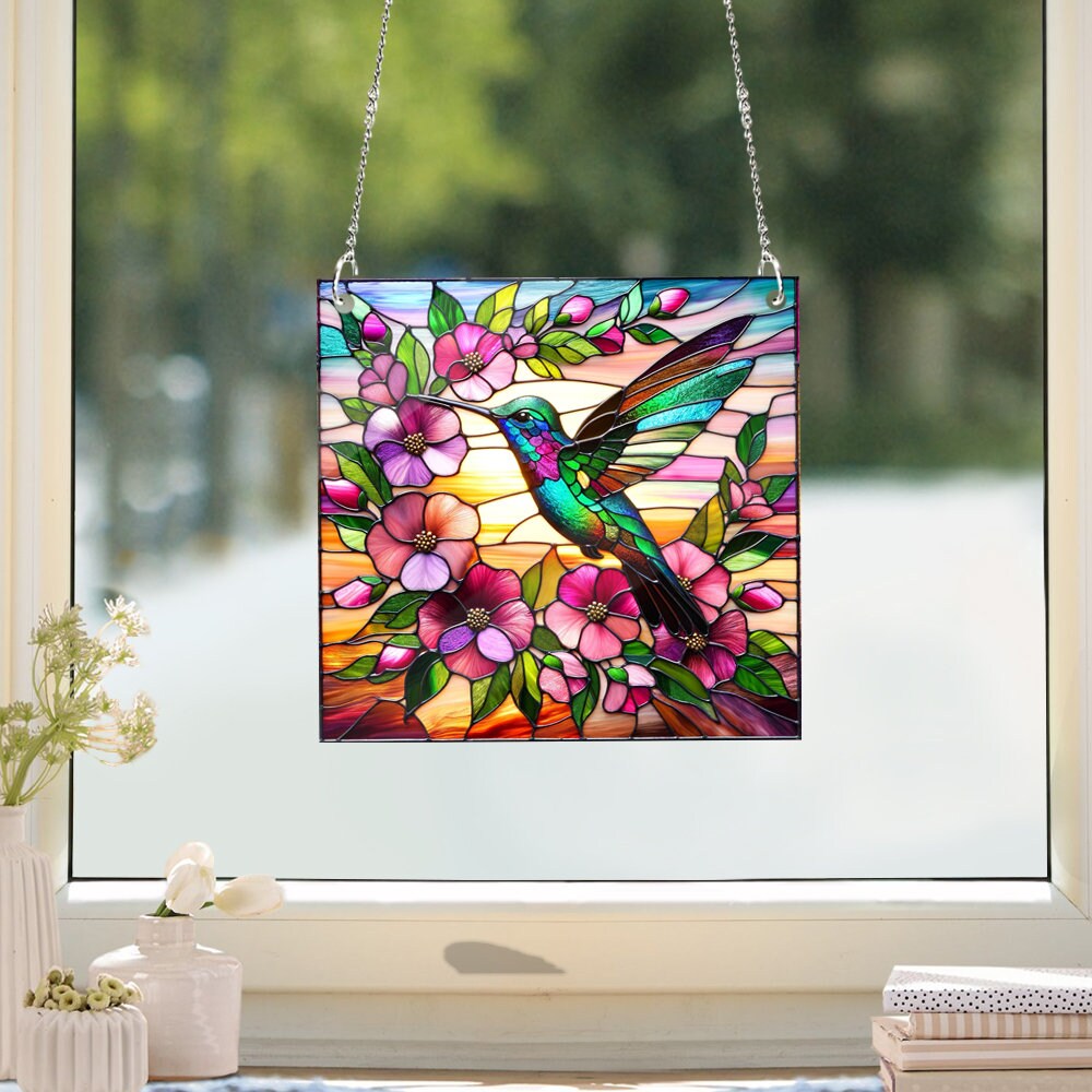 Hummingbird Among Flowers Window hanging, Wall Art, Acrylic Window Hanging, NOT SUNCATCHER, Humingbird lovers gift, bird lovers