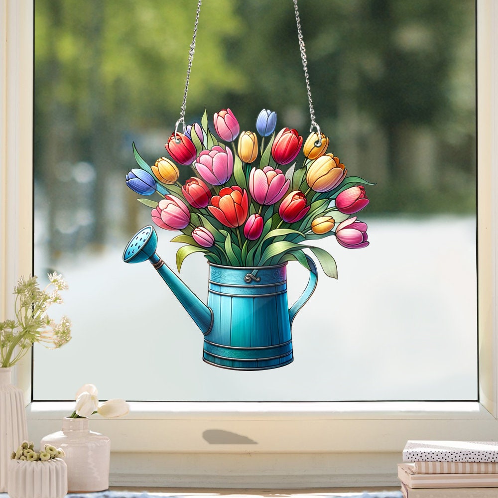 Blooming Tulips pot Acrylic Window Hanging, Wall Art, Bouquet Flower Tulips, Flowers Pot, Mother's day gift