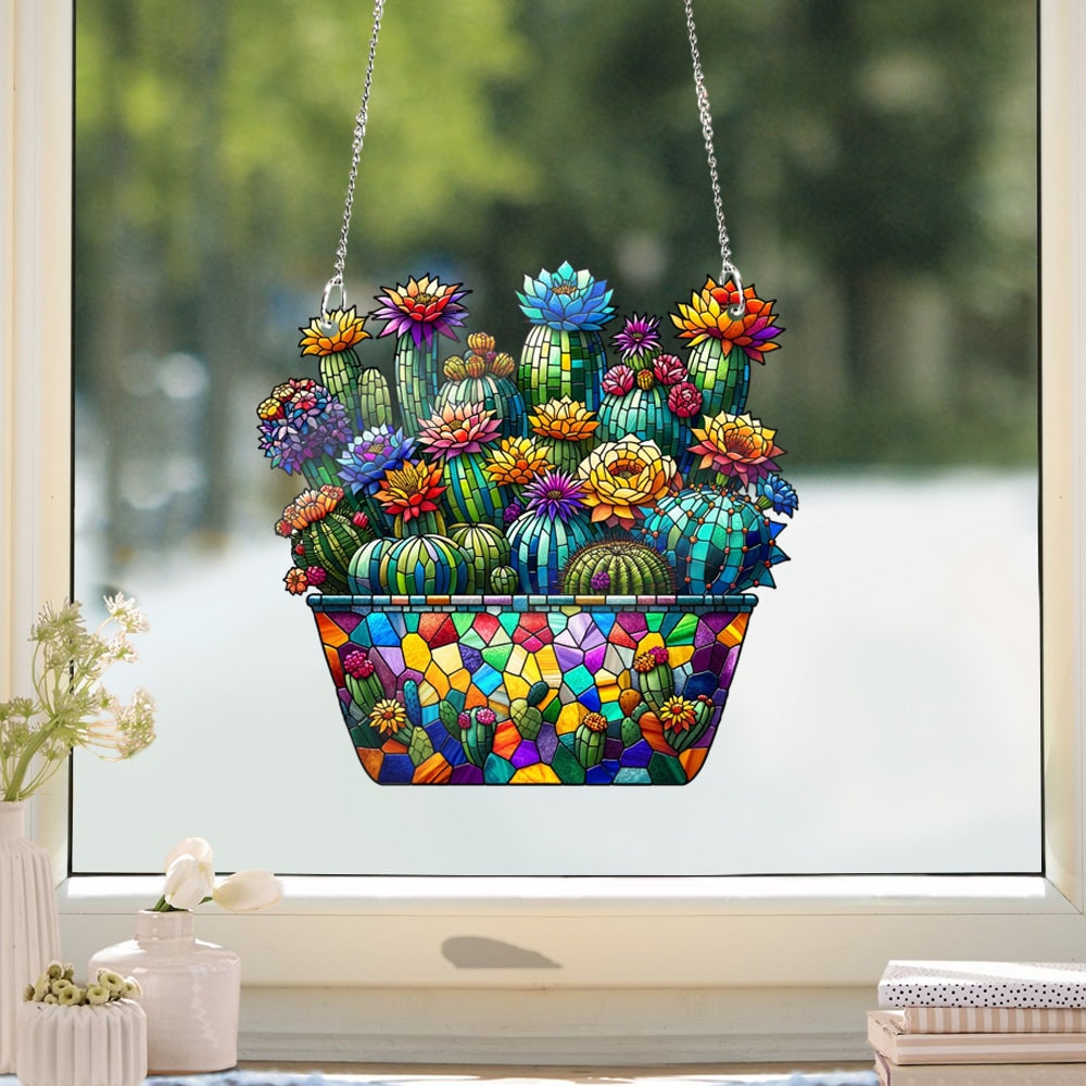 Cactus ACRYLIC Window Hanging, Faux Stained Art, Decorative Succulent Plant decor, Unique Housewarming Gift, Mother's day gift