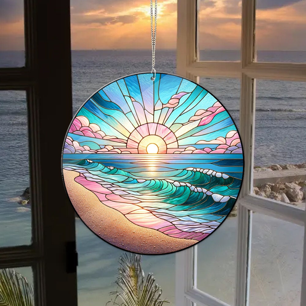 ACRYLIC Sunrise On The Beach Window Hanging, Sunrise Lover Gift, FAUX Stain Glass, Beach Suncatcher,Natural Gift,Mother's day gift 2025