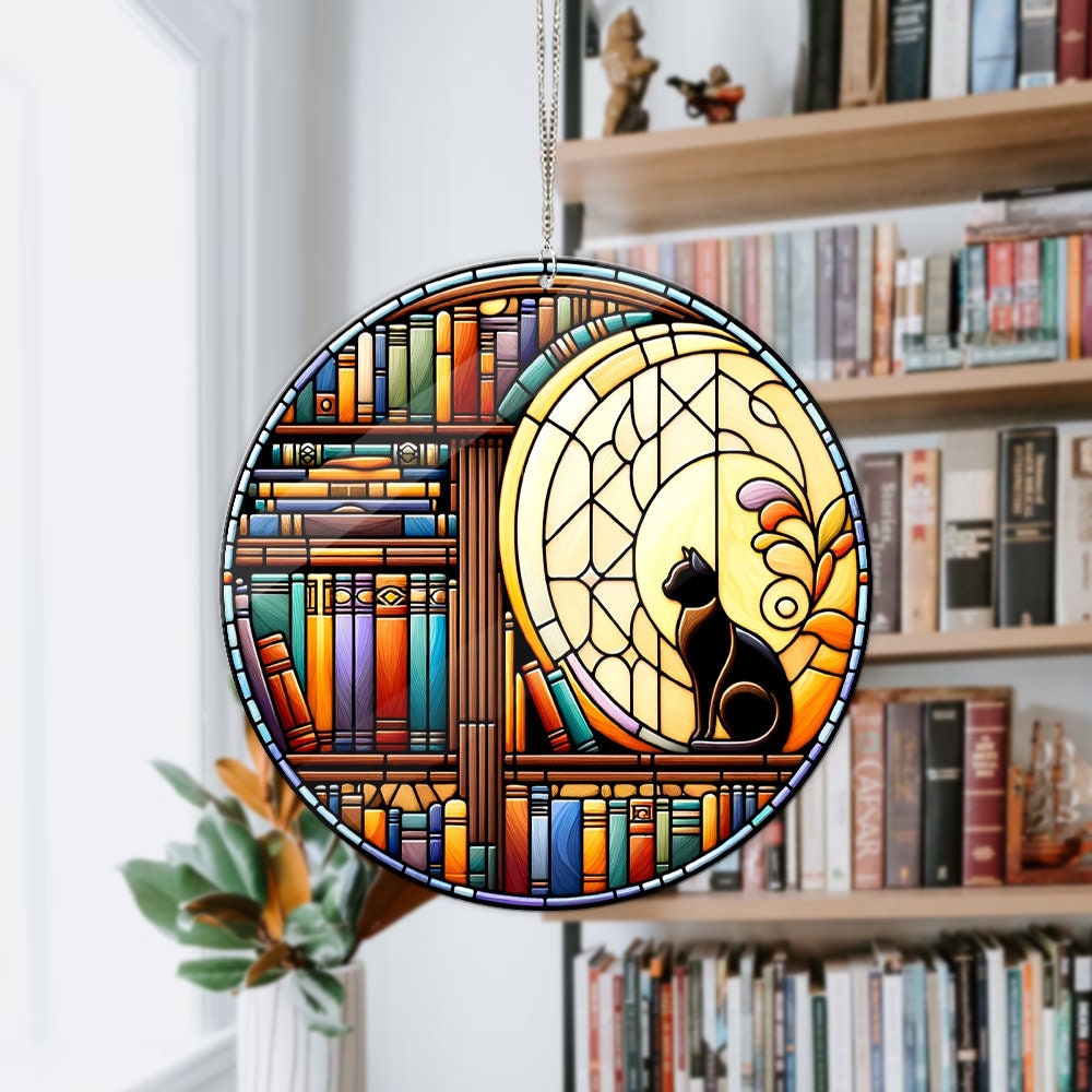 ACRYLIC Cat And Library Window hanging, Cat In The Library Gift, Cat LOver Gift, Cat Home Decor,Pet Gift, Bookish Gift, Library Gift
