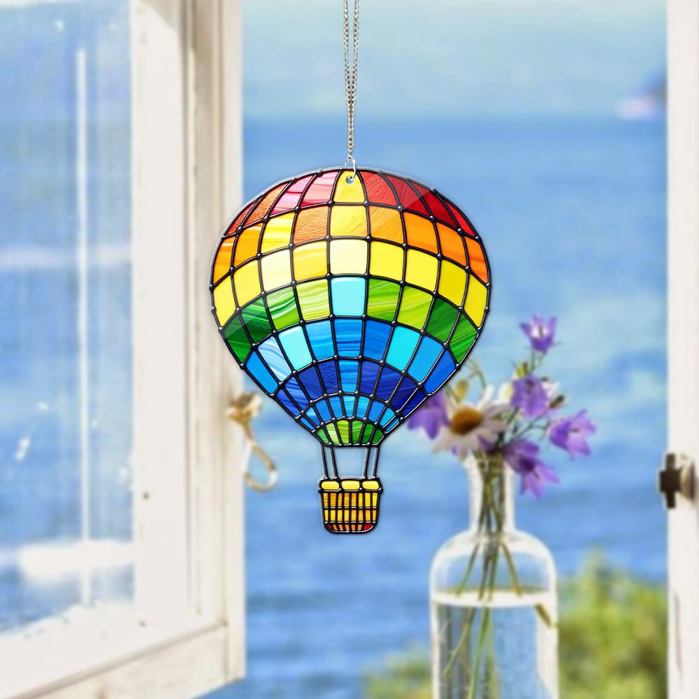ACRYLIC Rainbow Hot Air Balloon Window Hanging, Air Balloon Gift, Air Balloon Hanging, FAUX Stain Glass, Home Decor, Yard Decor, not glass