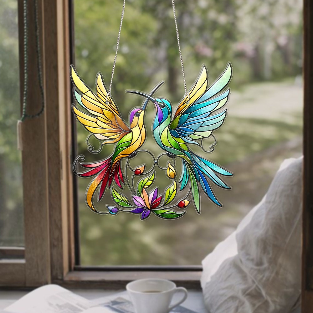 ACRYLIC Couple Of Humming Bird Window Hanging, Mother'S Day Gift, Mom Gift, Humming bird wall art, Bird Window Hanging, Bird Lover Gift