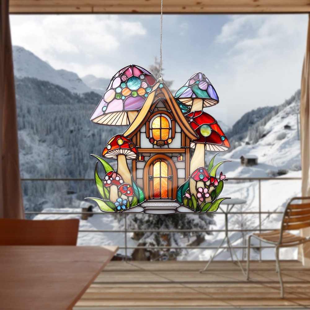 Mushroom House Faux Stained Glass, Stained Glass Inspired Art, Acrylic Nature Scenery Window Hanging, Home Decor
