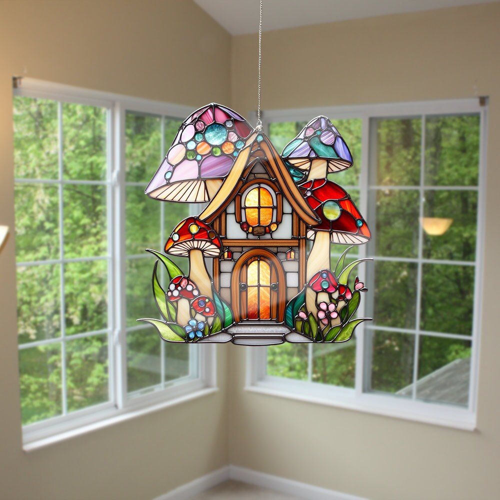Mushroom House Faux Stained Glass, Stained Glass Inspired Art, Acrylic Nature Scenery Window Hanging, Home Decor