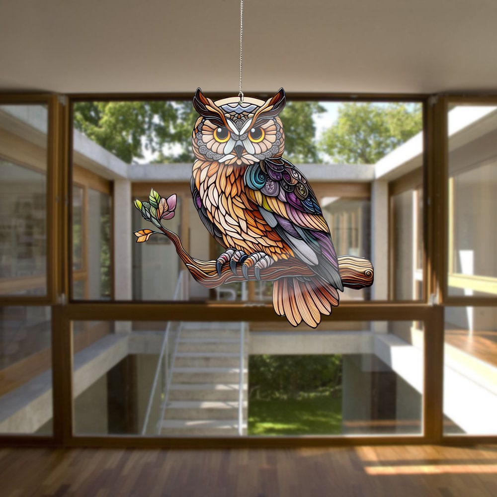 Owl ACRYLIC Window hanging, Owl Acrylic Window Hangings, Faux Stained Glass, Gift For Her, Home Decor, Owl lover, Not Suncatcher