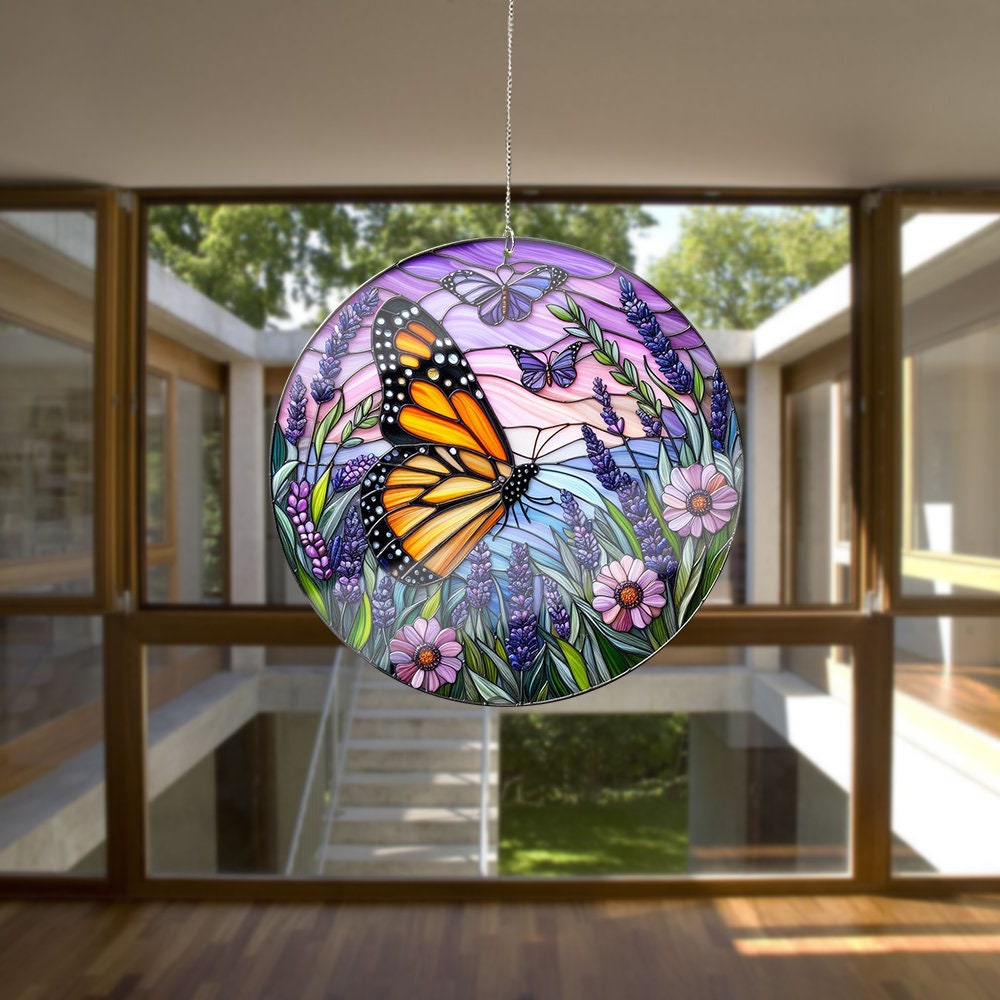 Butterfly In Lavender Garden ACRYLIC Window Hanging, Perfect for Home, Garden, Gift For Her, Monarch butterfly, not suncatcher