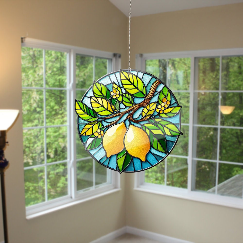 Lemon Branch ACRYLIC window hanging, Lemon Branch Faux Stained Glass, lemon Acrylic Window Hangings, Home Decor, NOT suncatcher