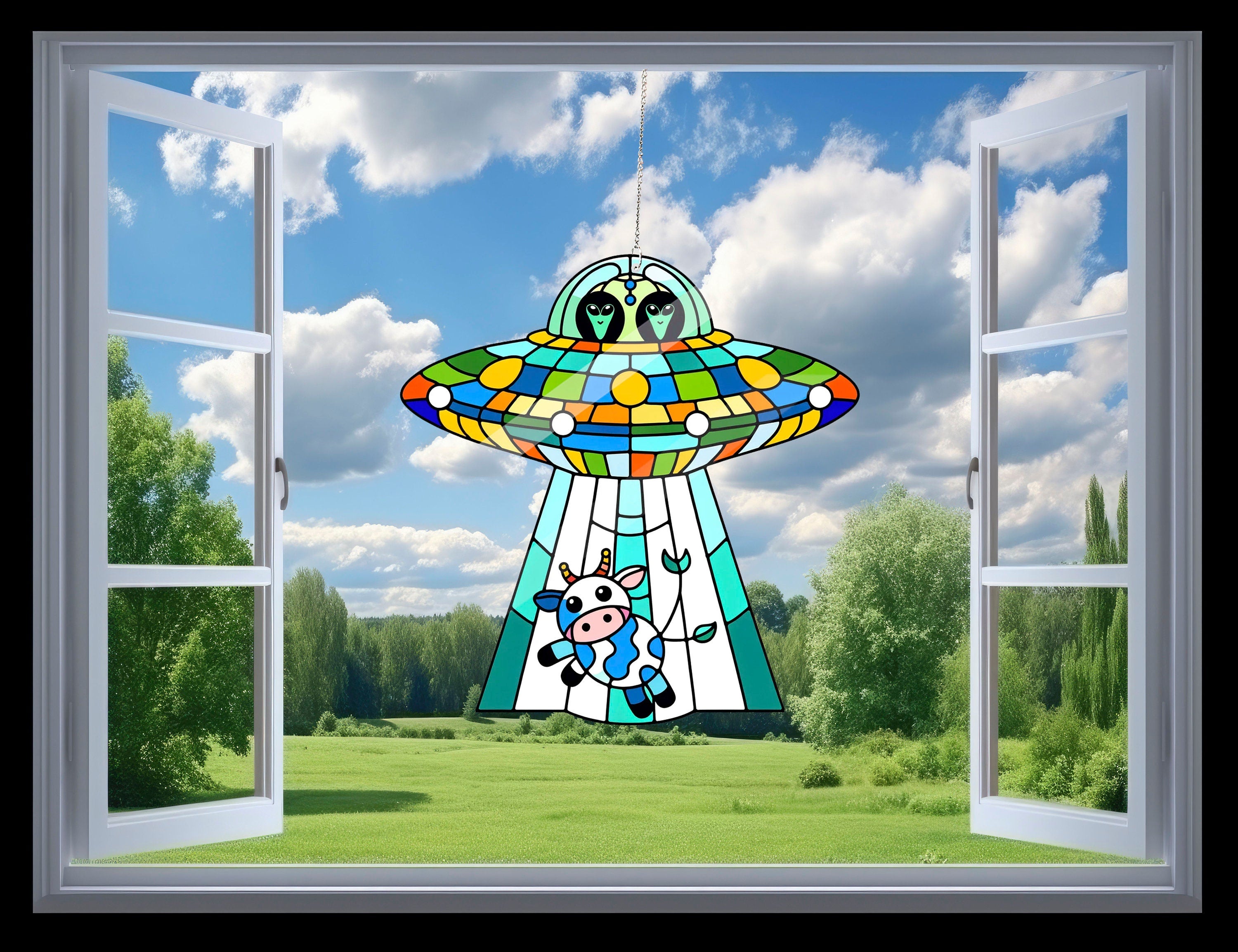 Funny UFO Alien Acrylic Window hanging, Funny Cow acrylic, Home Decor, Yard Decor, Housewarming gift, unique idea gift, NOT suncatcher