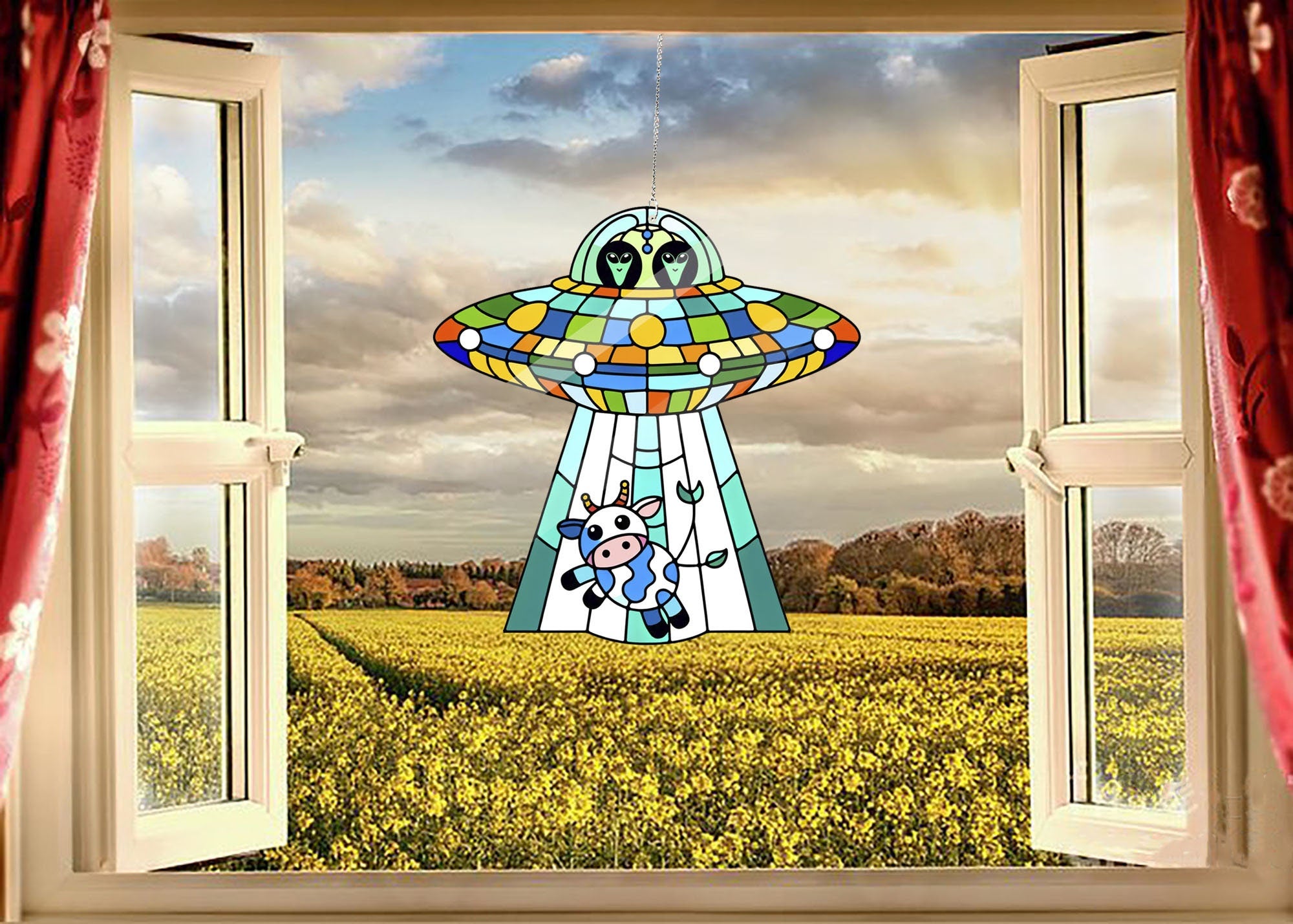 Funny UFO Alien Acrylic Window hanging, Funny Cow acrylic, Home Decor, Yard Decor, Housewarming gift, unique idea gift, NOT suncatcher