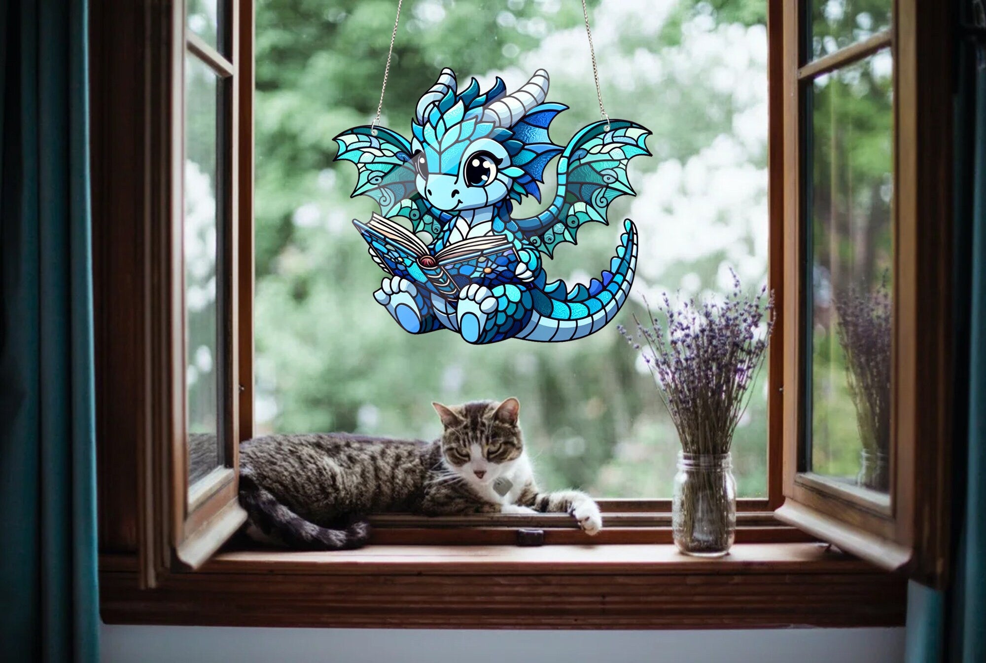 Book dragon Acrylic Window Hangings, Woodland dragon Inspired Art, Faux Stained Glass, Reader gift, Librarian decor, Not Suncatcher