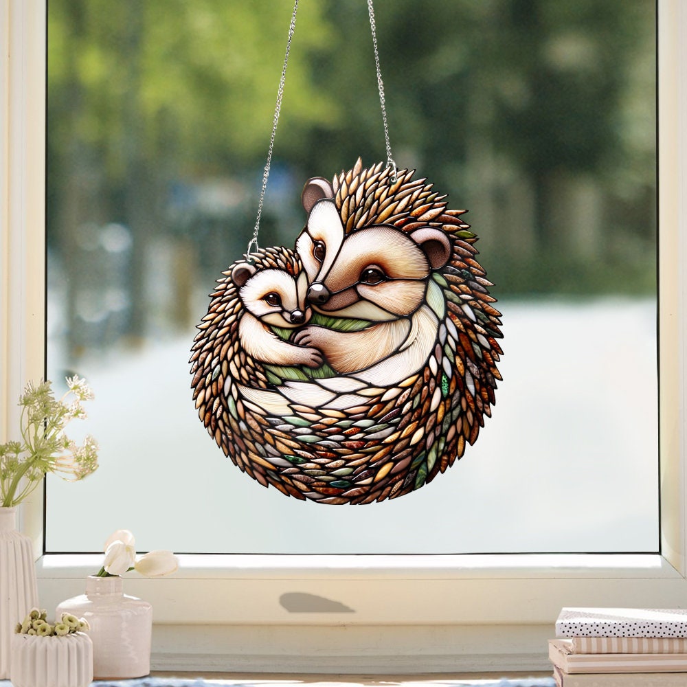 ACRYLIC Hedgehog Mom Window Hanging, FAUX Stain Glass, Hedgehog mom and kid, Cute Hedgehog Gift, Animal Decor, 1st Mother's day gift