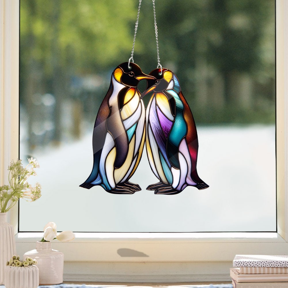 Penguin Couple Faux Stained Glass- ACRYLIC window hanging, NOT SUNCATCHER, Couple gift, Anniversary gift, Bedroom decor, gift for wife