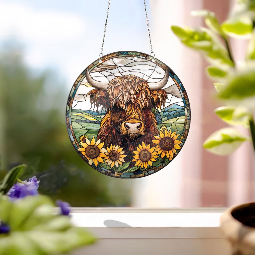 ACRYLIC Sunflowers Highland cow Window Hanging, FAUX Stain Glass, Cow lover gift, Farmhouse decor, Mother's day gift, Mother's day gift 2025