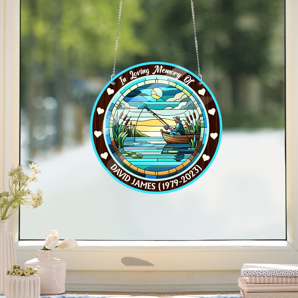 Personalized Fishing in heaven Acrylic Window Hangings, Memorial In loving memory, fisherman memorial, remembrance gift