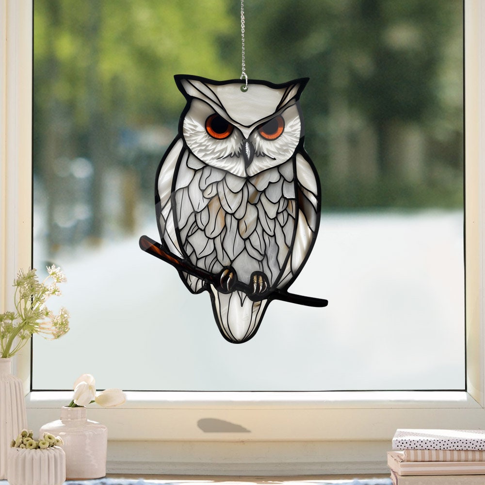 White Owl hanging, Owl Acrylic Window Hangings, Faux Stained Glass, Horror ornament, Home Decor, Gothic Owl, Halloween decor, not suncatcher