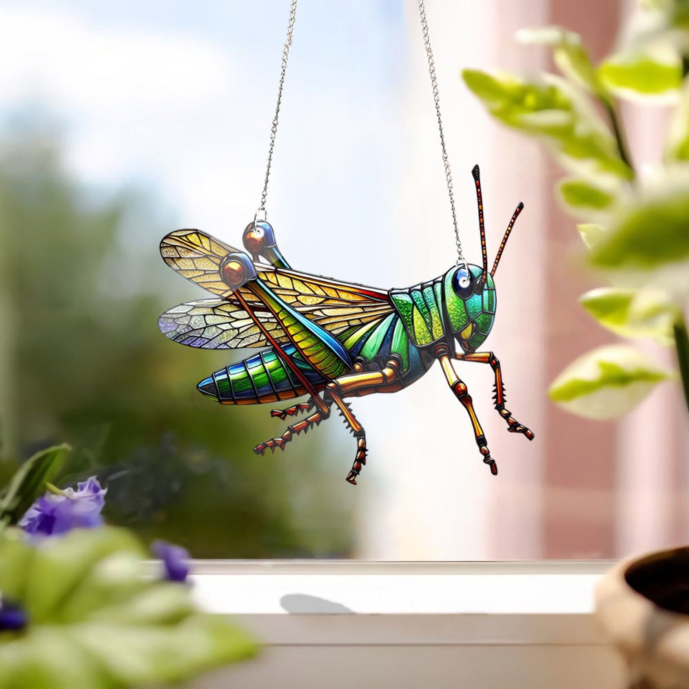 Grasshopper Acrylic Window Hangnigs, Grasshopper Haninging, Faux Stained Glass, Gift For Her, Home Decor, Insect lover, not suncatcher