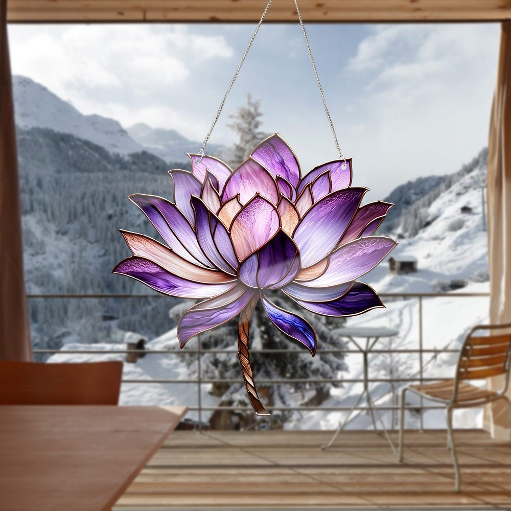 Purple Lotus Acrylic Window Hangings, Lotus lovers gift, NOT SUNCATCHER, Home Decor, kitchen decor, Mother's day, LOTUS decoration