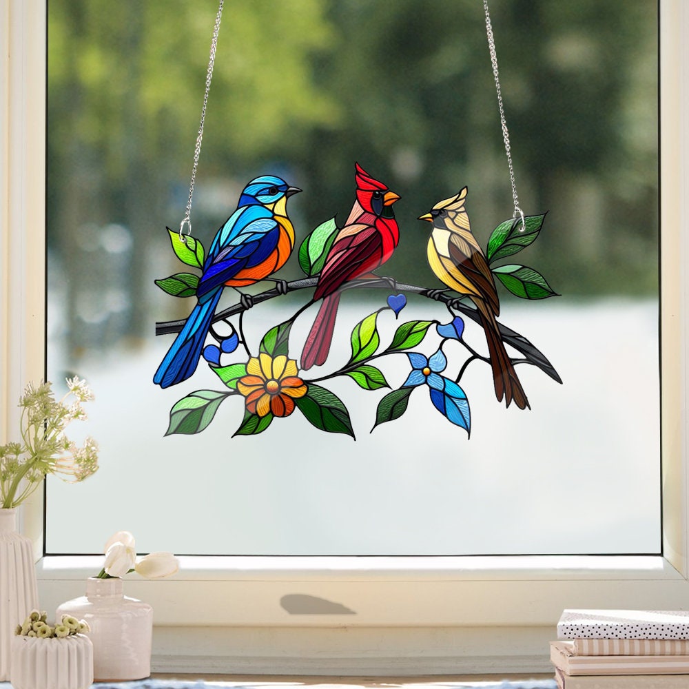 Birds on branch Acrylic Window Hanging, Bird lovers gift, Bird Nerds, Mothers day gift, faux stained glass, NOT SUNCATCHER