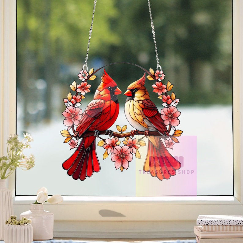 Cardinal FAUX Stained Glass Acrylic Window Hangings, Cardinal Stained Glass Inspired Art, Faux Stained Glass, NOT SUNCATCHER, Home Decor