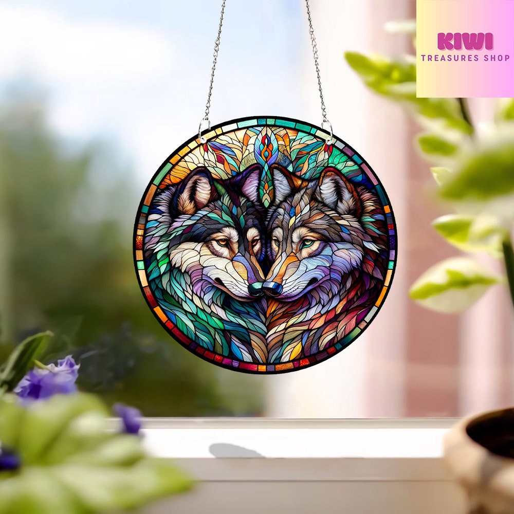 Wolf Couple Acrylic Window hanging, Wolf Faux Stained Glass, Wolf Acrylic Window Hangings, Home Decor, Gift For Her