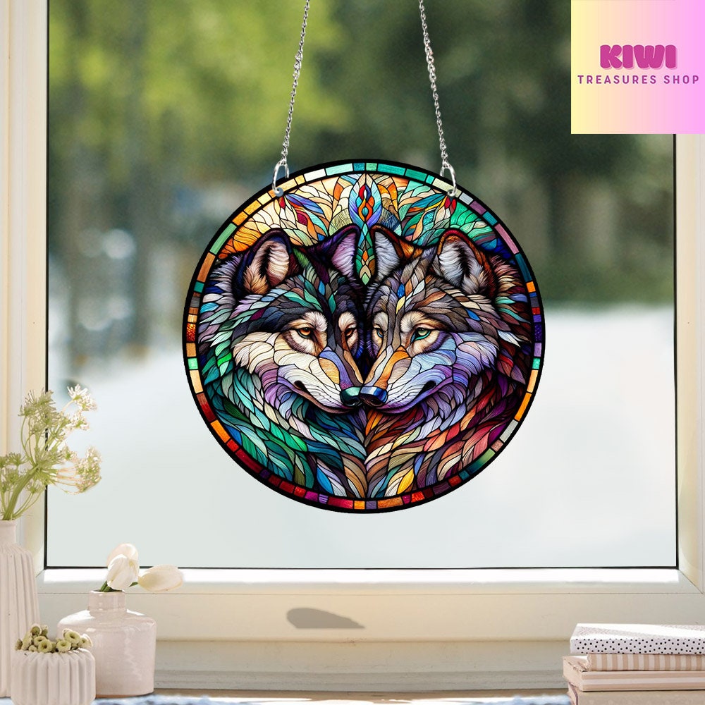 Wolf Couple Acrylic Window hanging, Wolf Faux Stained Glass, Wolf Acrylic Window Hangings, Home Decor, Gift For Her